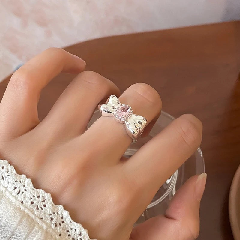 Kpop Fashion Y2K Cute Pink Zircon Bowknot Ring Women Egirl Aesthetic 2000S Jewelry Trend Goth Vintage Accessories Gifts New