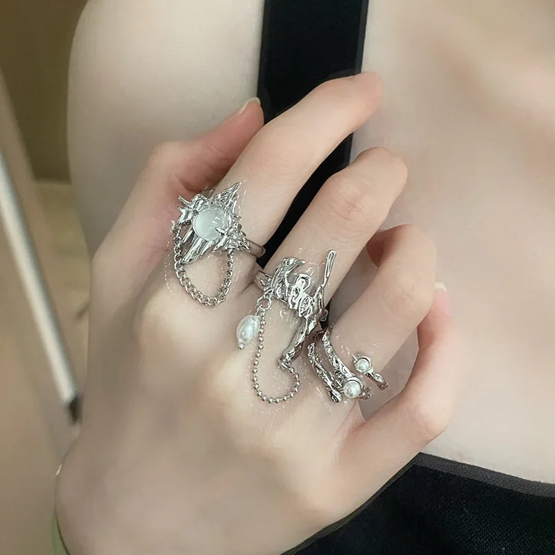 Vintage Irregular Pearl Open Ring for Women Men Punk Gothic Sliver Color Crystal Adjustable Couple Rings Y2K Jewelry Gifts