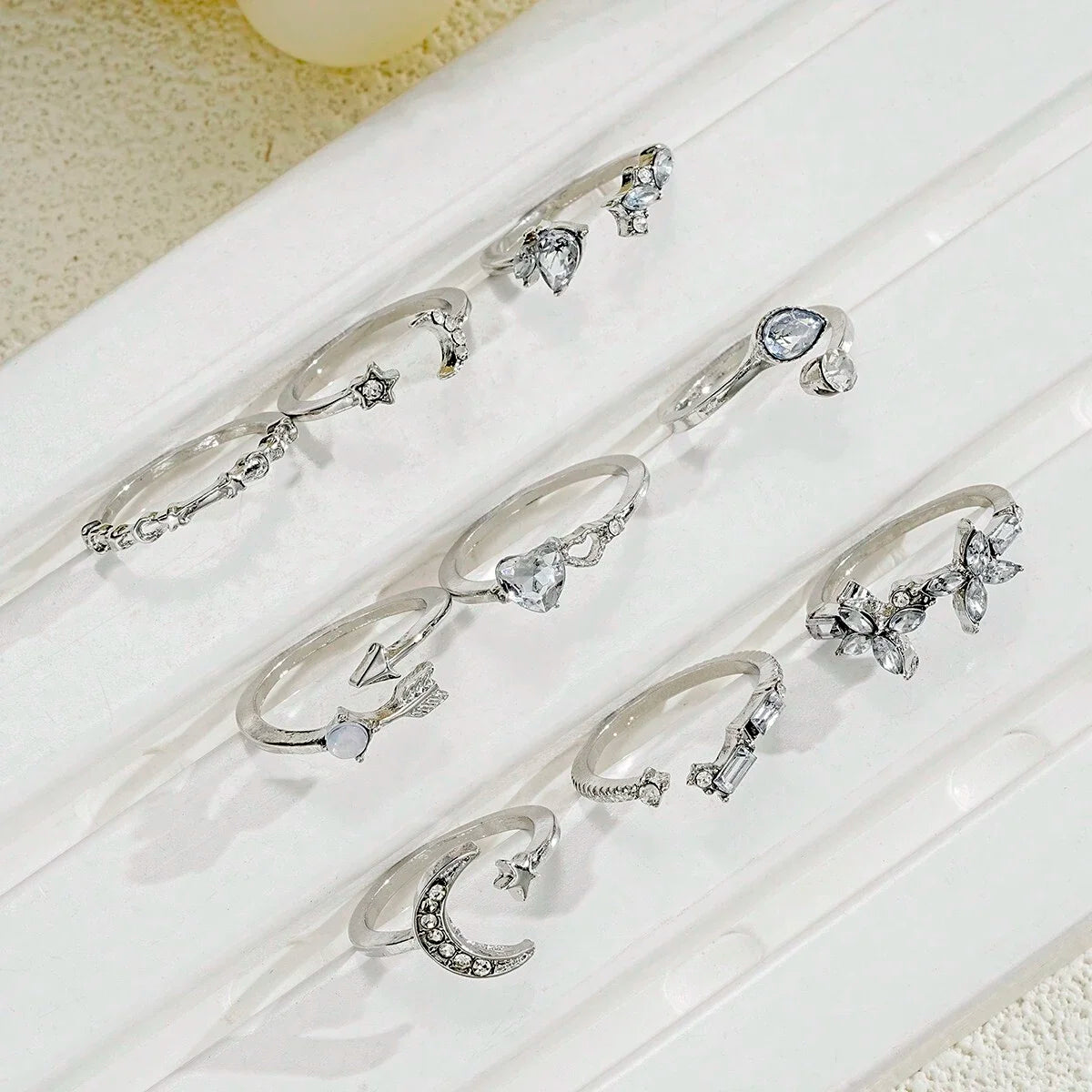 9pcs Minimalist Korean Style Heart Star Moon Flower Rhinestone Rings Set For Women Casual Date Holiday Gift