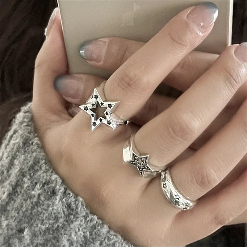 Vintage Pentagram Geometric Star Ring for Women Men Punk Gothic Sliver Color Adjustable Couple Rings Y2K Egirl Jewelry Gift