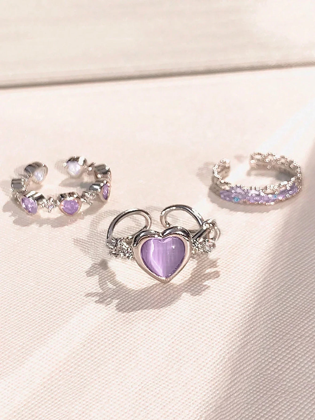 3pcs Heart Shaped Rhinestone Cat Eye Open Ring Set Adjustable Size For Parties Dates Y2K Valentine