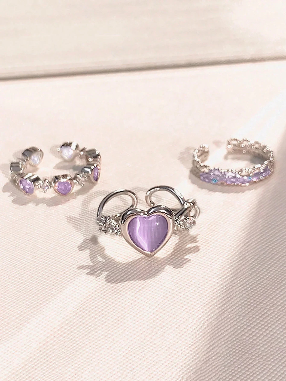 3pcs Heart Shaped Rhinestone Cat Eye Open Ring Set Adjustable Size For Parties Dates Y2K Valentine