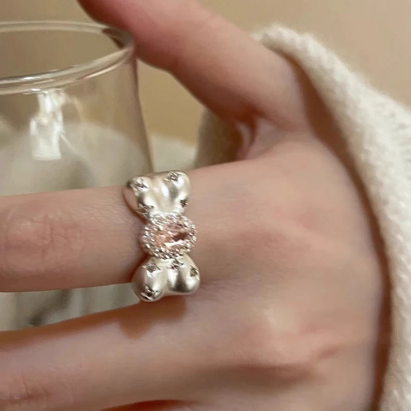 Kpop Fashion Y2K Cute Pink Zircon Bowknot Ring Women Egirl Aesthetic 2000S Jewelry Trend Goth Vintage Accessories Gifts New