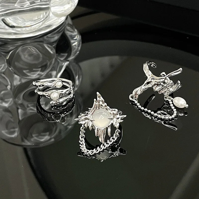 Vintage Irregular Pearl Open Ring for Women Men Punk Gothic Sliver Color Crystal Adjustable Couple Rings Y2K Jewelry Gifts