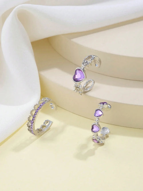 3pcs Heart Shaped Rhinestone Cat Eye Open Ring Set Adjustable Size For Parties Dates Y2K Valentine