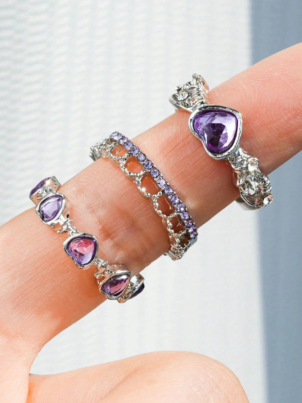 3pcs Heart Shaped Rhinestone Cat Eye Open Ring Set Adjustable Size For Parties Dates Y2K Valentine