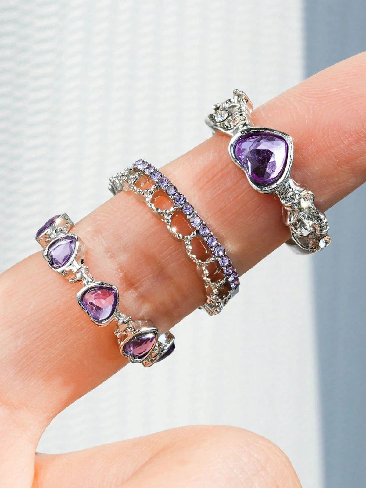 3pcs Heart Shaped Rhinestone Cat Eye Open Ring Set Adjustable Size For Parties Dates Y2K Valentine