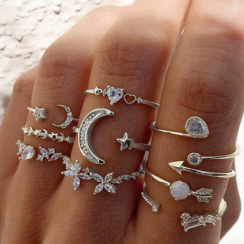 9pcs Minimalist Korean Style Heart Star Moon Flower Rhinestone Rings Set For Women Casual Date Holiday Gift