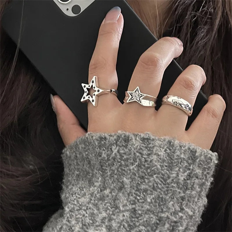 Vintage Pentagram Geometric Star Ring for Women Men Punk Gothic Sliver Color Adjustable Couple Rings Y2K Egirl Jewelry Gift