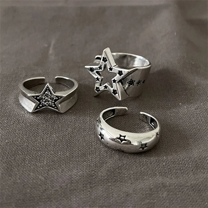 Vintage Pentagram Geometric Star Ring for Women Men Punk Gothic Sliver Color Adjustable Couple Rings Y2K Egirl Jewelry Gift